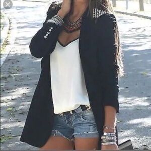 Zara black blazer spike shoulders long open front excellent Size Xs Fits Size s